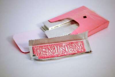 Keeping FEMINISM Fresh (2013) by Alyssa Eustaquio
Mint chewing gum, paper, plastic sleeve and
Wrigley’s foil chewing gum wrappers, 3 x 2.5 x .5 inches
