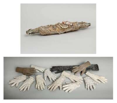 Rolling Pin with Pearls & Tiny Porcelain Doll (2016) and Pin Gloves (2019) by Nancy Youdelman