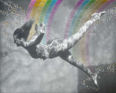 Marie Cameron, Rainbow Dip, 2023, Silk thread on found photograph, 7 3/4 x 9 5/8, 16 x 18 inches framed