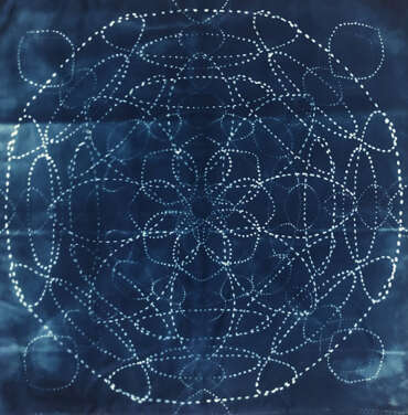Michelle Mansour, In Search of Blue: Radial Magic, 2022, Cyanotype on fabric (framed), 20 x 20 inches