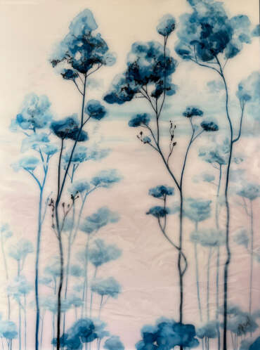 Karen Mason, Big Blue-Whisper, 2022, Ink, acrylic, resin on cadled board, 24 x 18 inches