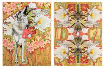 Sheila Metcalf Tobin, Resurrection Wolf and Inside Out, Outside In, 2022, Mixed media collage on wood panel, 48 x 36 inches each