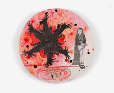 Geralyn Montano, Fishing in the Underworld,2011, Graphite, acrylic, ink, collage onpaper mounted to wood, 16 inches diameter