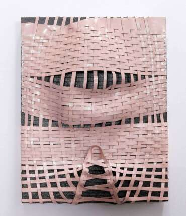 Pilar Aguero-Esparza, Lace/Her,2023, Acrylic, stretched leather,nails, on wood panel, 14 x 11 inches