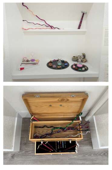 Wendy Ackrell, Full Circle (installation), 2024Reiki stone necklaces and wool-wrappedjeweler’s tools, sizes variable